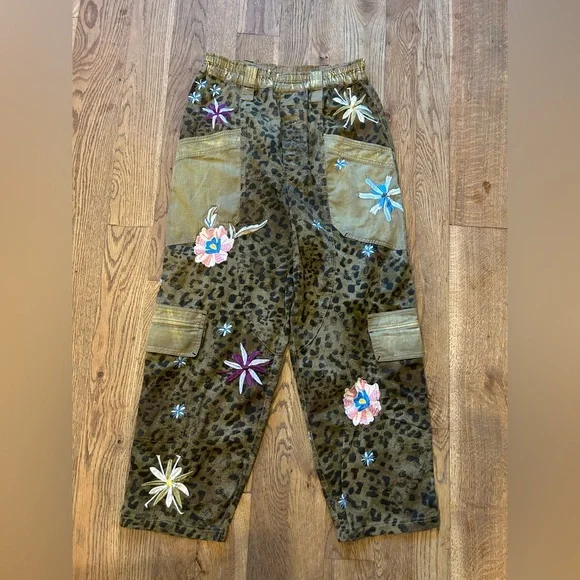 Free People Olive Brown Embroidered Leopard Cargo Joggers - Picture 3 of 6